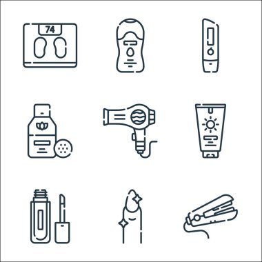 Güzellik çizgisi simgeleri. Doğrusal küme. Manikür, dudak parlatıcısı, güneş kremi, saç kurutma makinesi, makyaj çıkarıcı, dudak kremi, deodorant gibi kalite vektör dizileri