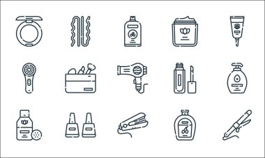 Güzellik çizgisi simgeleri. Doğrusal küme. Saç maşası, makyaj çıkarıcı, yağ, tırnak cilası, yüz fırçası, dudak parlatıcısı, nemlendirici, toka gibi kalite vektör dizileri