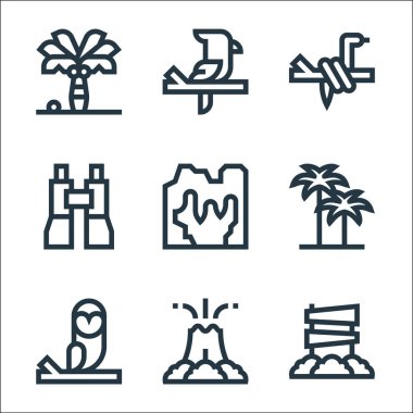 orman çizgisi simgeleri. Doğrusal küme. Yol, volkan, baykuş, palmiye ağaçları, mağara, dürbün, yılan, papağan gibi kalite vektör dizileri