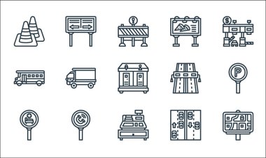 Otoyol çizgisi simgeleri. Doğrusal küme. Yol haritası, kasiyer makinesi, hastane, otoyol, acil durum çağrısı, okul otobüsü, yol, billboard, yol gibi kalite vektör dizileri