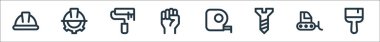 İşçi bayramı sembolleri. Doğrusal küme. Boya fırçası, buldozer, vida, mezura, el kaldırma, tekerlekli boya, miğfer gibi kalite vektör çizgisi