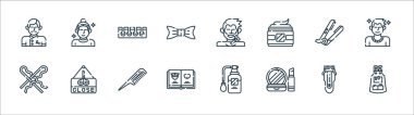 Kuaförlük ve berber çizgisi ikonları. Doğrusal küme. Önlük, makyaj, berber dükkanı, toka, saç düzleştirici, ayak parmağı ayırıcı, tıraş, cilt bakımı gibi kalite vektör dizileri