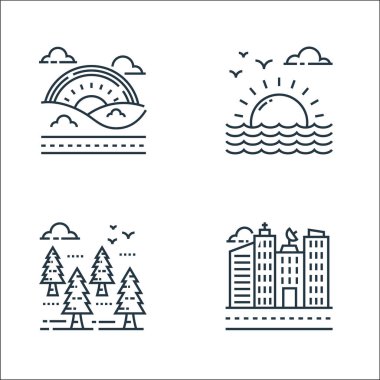 Doğa ve peyzaj çizgisi simgeleri. Doğrusal küme. Şehir, orman, gündoğumu gibi kalite vektör çizgisi kümesi