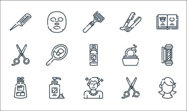 Kuaförlük ve berber çizgisi ikonları. Doğrusal küme. Saç peruğu, saç kesimi, önlük, makas, krem, makas, sabun, saç düzleştirici, yüz maskesi gibi kalite vektör çizgisi