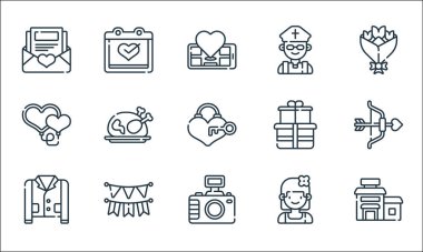 Evlilik çizgisi simgeleri. Doğrusal küme. Otel, fotoğraf makinesi, takım elbise, nedime, çelenk, kalp, hediye, rahip, düğün gibi kalite vektör dizileri