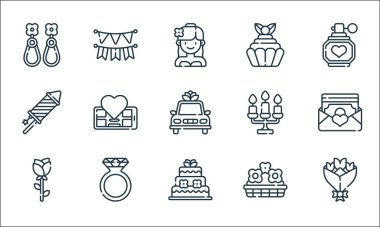 Evlilik çizgisi simgeleri. Doğrusal küme. Çiçek buketi, düğün pastası, gül, çiçek, evlenme teklifi, havai fişek, mum, kek, çelenk gibi kalite vektör dizileri