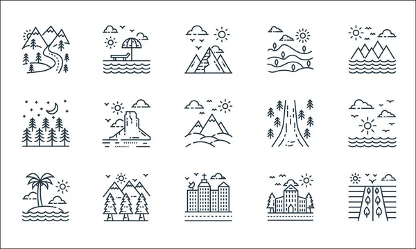 Iconos Línea Naturaleza Paisaje Conjunto Lineal Conjunto Líneas Vectoriales Calidad — Vector de stock