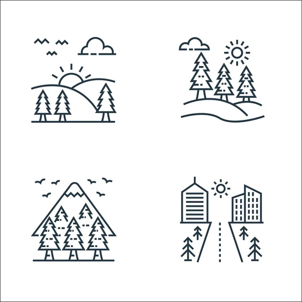 Iconos Línea Naturaleza Paisaje Conjunto Lineal Conjunto Línea Vectorial Calidad — Vector de stock