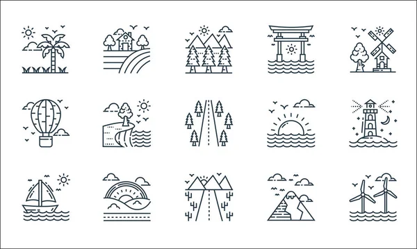 Iconos Línea Naturaleza Paisaje Conjunto Lineal Conjunto Línea Vectorial Calidad — Vector de stock