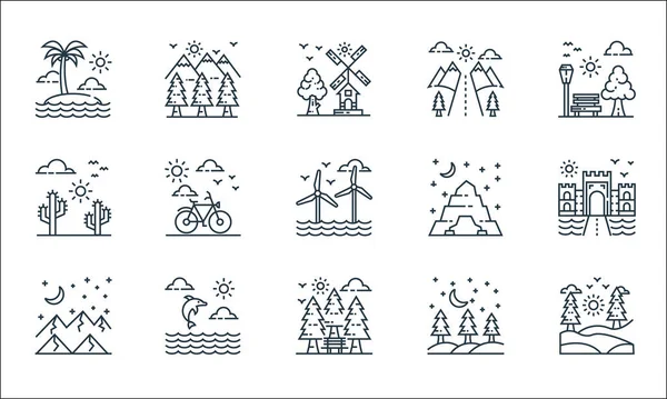 Iconos Línea Naturaleza Paisaje Conjunto Lineal Conjunto Líneas Vectoriales Calidad — Vector de stock