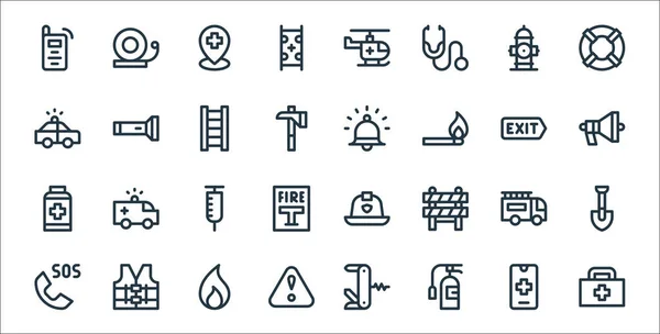 emergencies line icons. linear set. quality vector line set such as first aid kit, fire extinguisher, warning, sos, fire truck, syringe, megaphone, alarm, flashlight