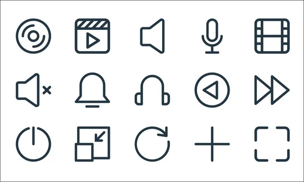 Multimedia Zeilensymbole Lineares Set Qualitätsvektorzeilenset Wie Objektiv Aktualisieren Ausschalten Hinzufügen — Stockvektor