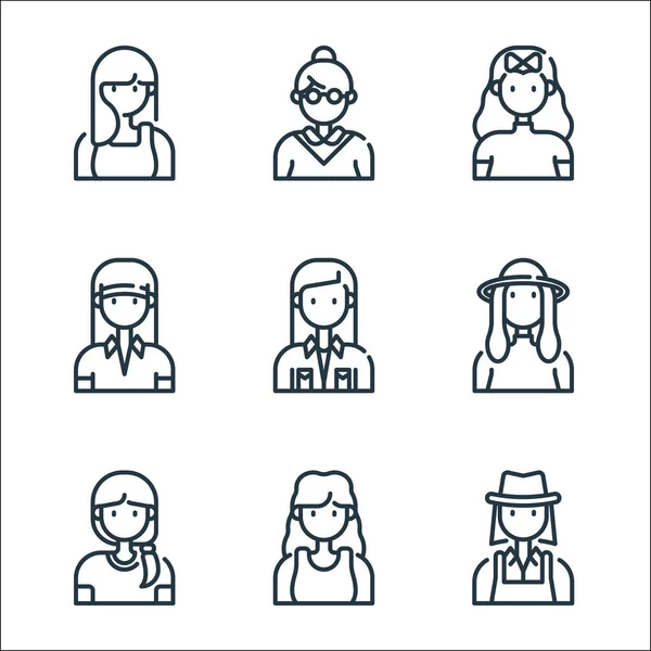 Mujer Avatar Iconos Línea Conjunto Lineal Conjunto Línea Vectores Calidad — Vector de stock