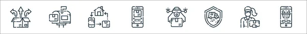 Lieferleitungssymbole Lineares Set Qualitätsvektorleitungssatz Wie Smartphone Zustellerin Schutz Drohnenlieferung Tracking — Stockvektor