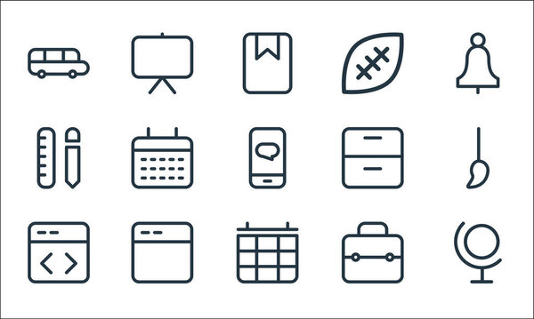 school education line icons. linear set. quality vector line set such as globe, calendar, coding, briefcase, application, draw, cabinet, football, blackboard