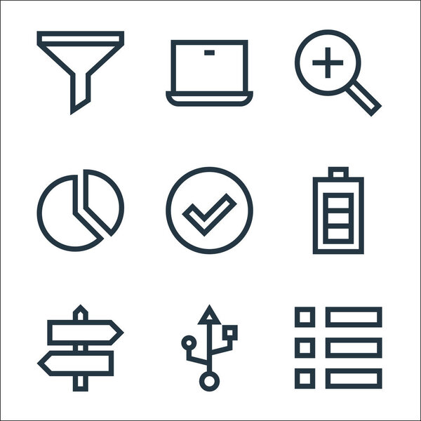 web essentials line icons. linear set. quality vector line set such as menu, usb, direction, battery, pie chart, zoom in, laptop