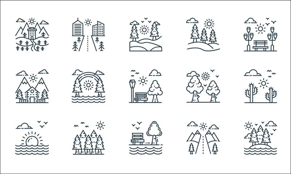 Iconos Línea Naturaleza Paisaje Conjunto Lineal Conjunto Líneas Vectoriales Calidad — Vector de stock