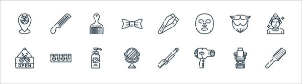 hairdressing and barber line icons. linear set. quality vector line set such as brush, hairdryer, mirror, open, beard, hair comb, tweezer, comb