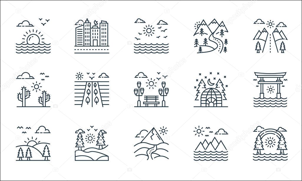 nature and landscape line icons. linear set. quality vector line set such as rainbow, mountain, sunrise, mountain, landscape, desert, camping tent, pathway, cityscape