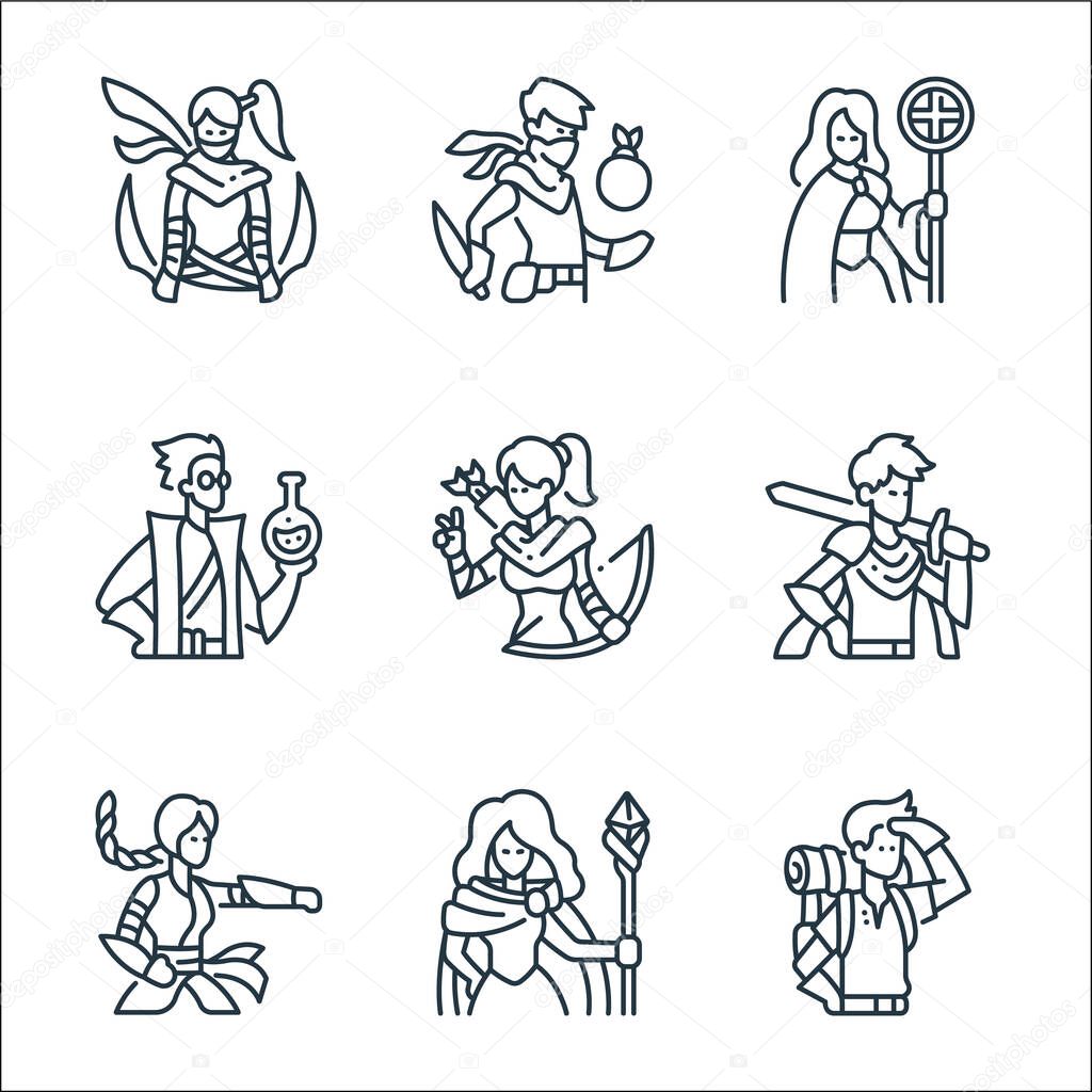 roleplaying avatars line icons. linear set. quality vector line set such as adventurer, magician, martial, swordsman, bow, alchemy, priest, thief