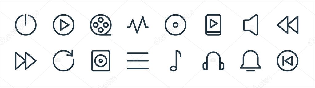 multimedia line icons. linear set. quality vector line set such as back, earphone, open menu, forward, volume, film, record, play