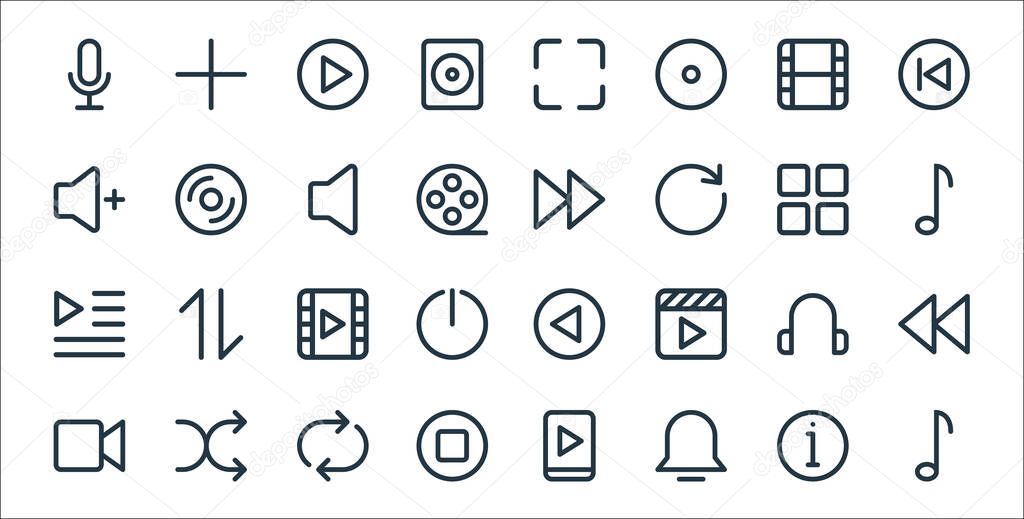 multimedia line icons. linear set. quality vector line set such as music, notification, stop, video, earphone, video, music, forward, cd player