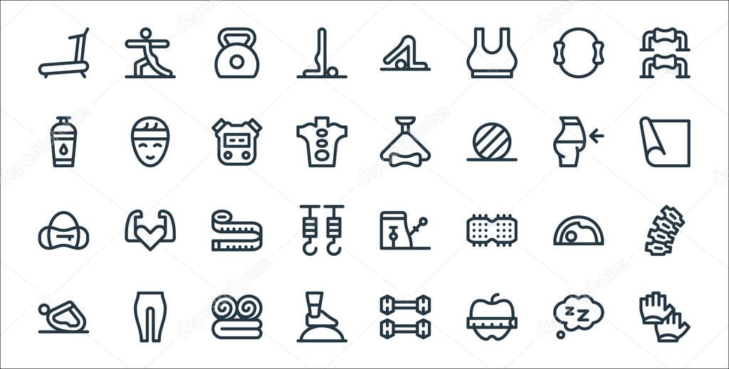 pilates line icons. linear set. quality vector line set such as gloves, apple, bosu ball, yoga, yoga, measuring tape, yoga mat, exercise, headband