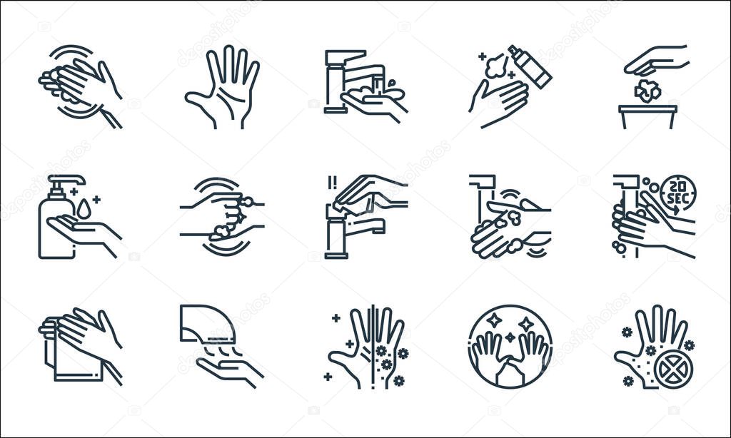 wash hands line icons. linear set. quality vector line set such as hand, hand, hand, dryer, washing hands, washing, washing
