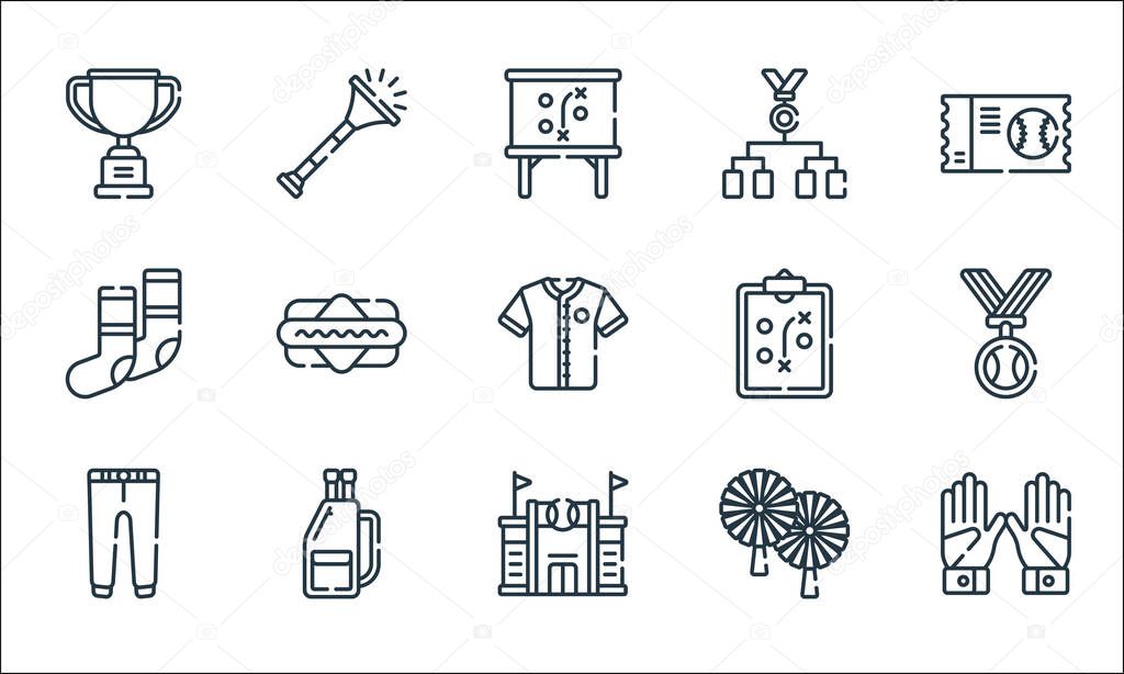 baseball line icons. linear set. quality vector line set such as gloves, stadium, trousers, pom pom, baseball bag, socks, strategy, league, trumpet