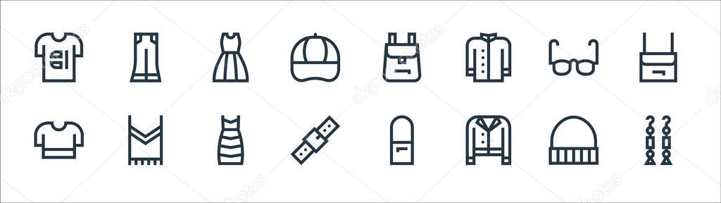 fashion line icons. linear set. quality vector line set such as earrings, jacket, belt, t shirt, glasses, dress, backpack, bell