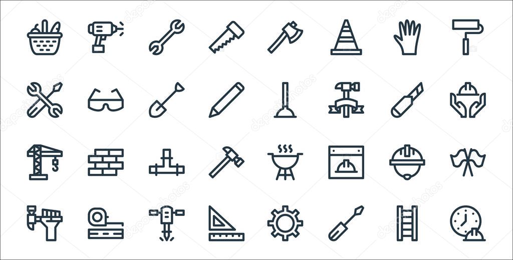 labour day line icons. linear set. quality vector line set such as working hours, screwdriver, rulers, labor day, helmet, pipe, labor day, plunger, safety glasses