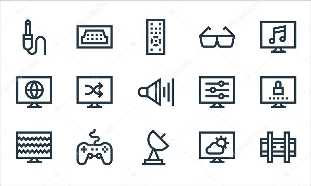 television line icons. linear set. quality vector line set such as wall bracket, satellite, tv, gamepad, world, adjustment, d glasses, hdmi port