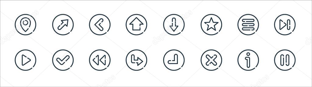 arrow line icons. linear set. quality vector line set such as pause, cross, right, play, menu, left, down, top right