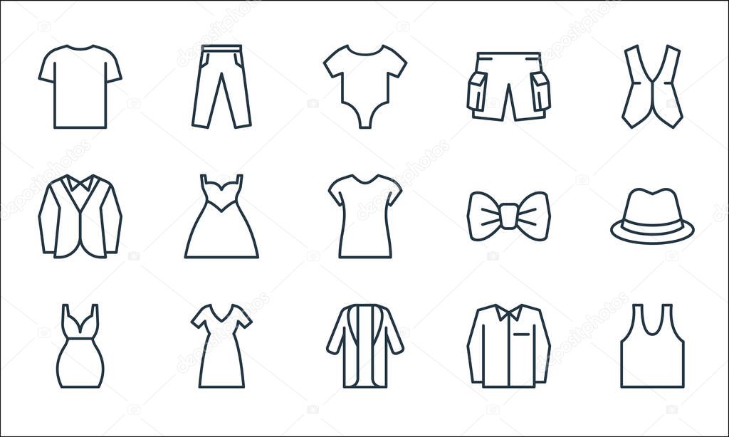 wardrobe line icons. linear set. quality vector line set such as sleeveless shirt, long coat, short dress, uniform, long dress, tuxedo, bow tie, pants, trousers