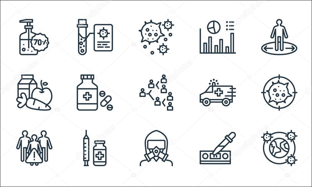infectious pandemics line icons. linear set. quality vector line set such as pandemic, protection mask, avoid crowds, dropper, vaccine, healthy food, ambulance, data analysis, test tube