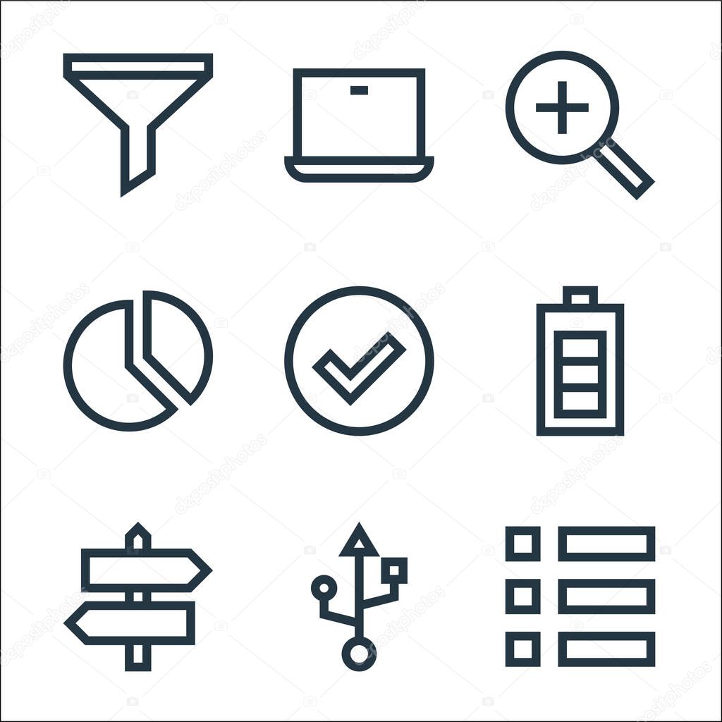 web essentials line icons. linear set. quality vector line set such as menu, usb, direction, battery, pie chart, zoom in, laptop