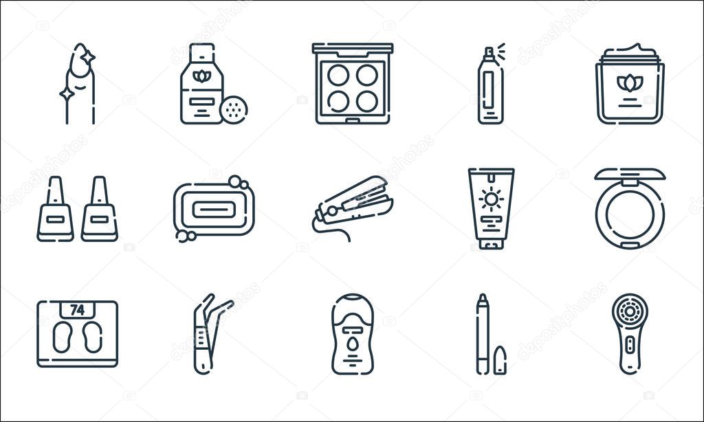 beauty line icons. linear set. quality vector line set such as face brush, deodorant, weight scale, eye pencil, tweezers, nail polish, sunscreen, hair spray, makeup remover