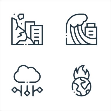 İklim değişikliği çizgisi simgeleri. Doğrusal küme. Küresel ısınma, dolu, tsunami gibi kalite vektör çizgisi