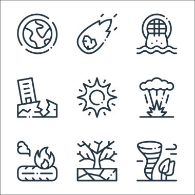 İklim değişikliği çizgisi simgeleri. Doğrusal küme. Rüzgar, kuraklık, lastik, patlama, güneş, deprem, kentsel meteor gibi kalite vektör çizgisi