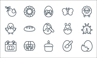 Paskalya çizgisi simgeleri. Doğrusal küme. Yumurta kabuğu, pasta, Paskalya günü, yumurta boyası, hediye kutusu, civciv, Paskalya tavşanı, kelebek, ayçiçeği gibi kalite vektör dizileri