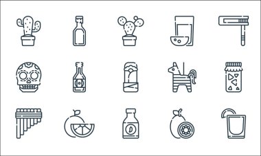 Meksika hattı ikonları. Doğrusal küme. Tekila, acı biber sosu, zampona, maracuya, ıhlamur, kafatası, pi ata, pulque gibi kalite vektör kümesi.