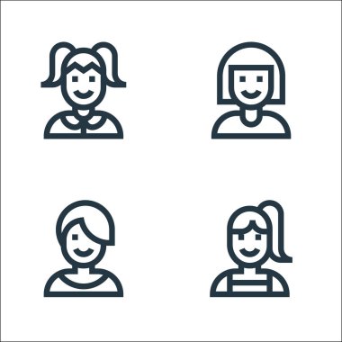 İnsanlar ikonlar çiziyor. Doğrusal küme. Kaliteli vektör çizgisi kız, kadın, kadın gibi