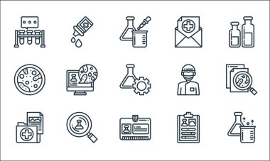 Laboratuvar ve bilim çizgisi simgeleri. Doğrusal küme. Test tüpü, kimlik kartı, tıbbi sonuç, sonuç, test, petri kabı, doktor, e-posta, aşı gibi kalite vektör dizileri