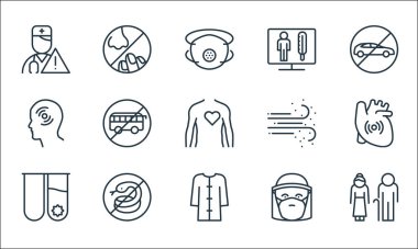 Virüs çizgisi simgelerini durdur. Doğrusal küme. Eski, bornoz, test tüpü, maske, yılan, baş ağrısı, toz, termometre, burun gibi kalite vektör dizisi