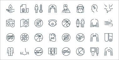 Virüs çizgisi simgelerini durdur. Doğrusal küme. Kalp, hapşırık, termometre, bornoz, göğüs, yüzey, toz, evcil hayvan, harita gibi kalite vektör çizgisi