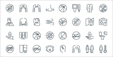 Virüs çizgisi simgelerini durdur. Doğrusal küme. İnsan, kalp, maske, otobüs, el, hayvan, bavul, hava, gastroenterolog gibi kalite vektör çizgisi