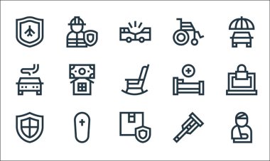 Sigorta çizgisi simgeleri. Doğrusal küme. Yaralanma, kurye, kalkan, koltuk değnekleri, tabut, araba kazası, hastane yatağı, tekerlekli sandalye, işçi