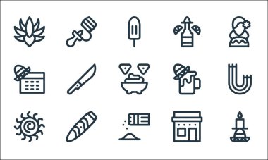 Cinco de mayonez çizgisi simgeleri. Doğrusal küme. Mum, tuz ve biber, güneş, ev, puro, cinco de mayonez, bira, tekila, balero gibi kalite vektör çizgisi