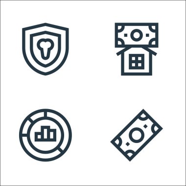 Sigorta çizgisi simgeleri. Doğrusal küme. kalite vektör çizgisi para, grafik, ev sigortası gibi