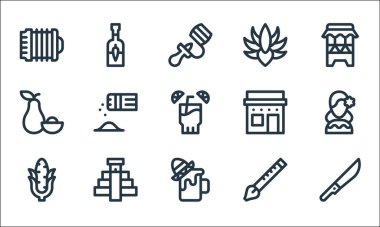 Cinco de mayonez çizgisi simgeleri. Doğrusal küme. Pala, bira, mısır, flüt, chichen itza piramidi, avokado, ev, agave, tabasco gibi kalite vektör dizileri